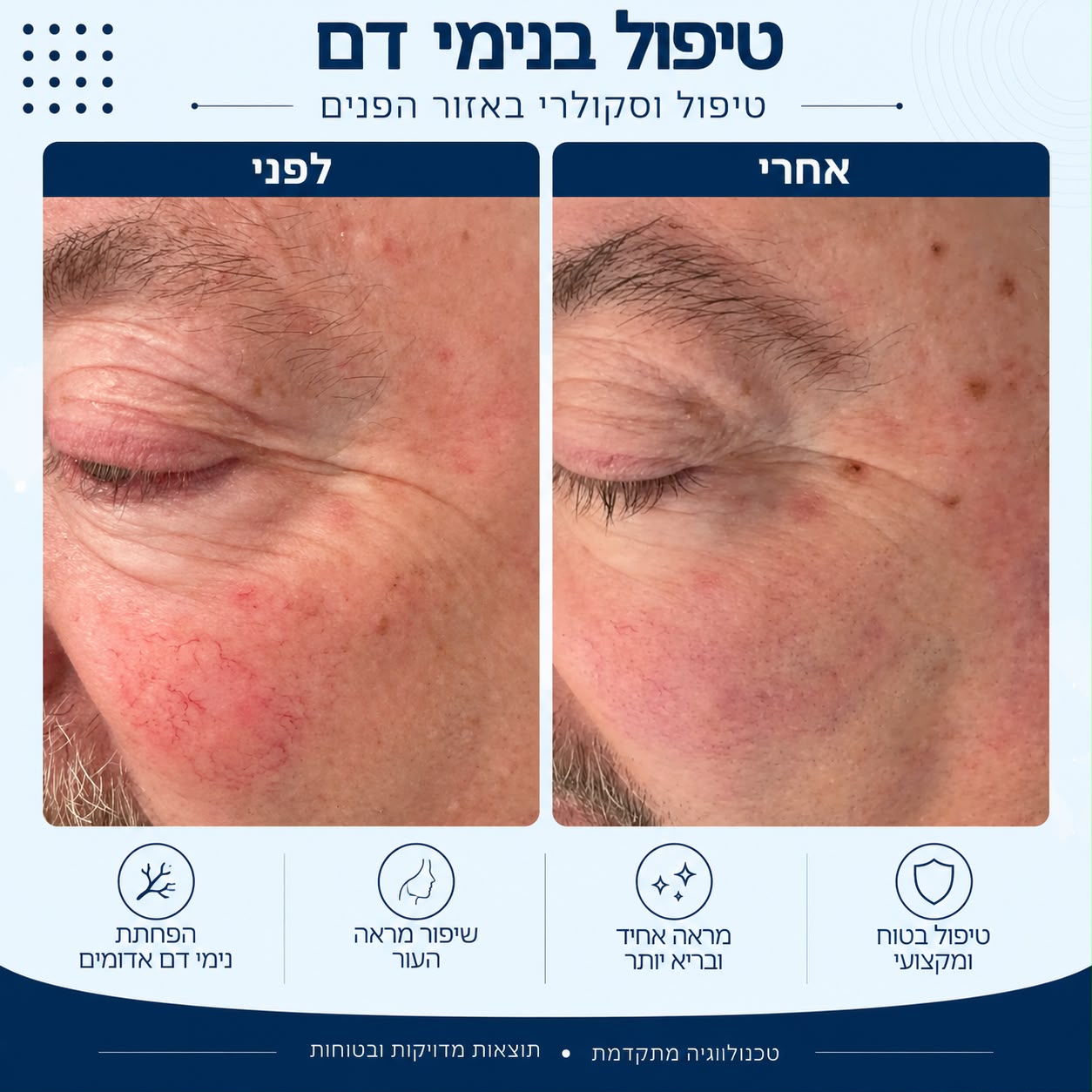 לפני ואחרי טיפול בנימי דם באזור הפנים - Beauty Hightech